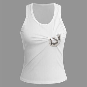 Micas Embellished Ruched Tank Top Elegant White Tank Top with Silver Detail